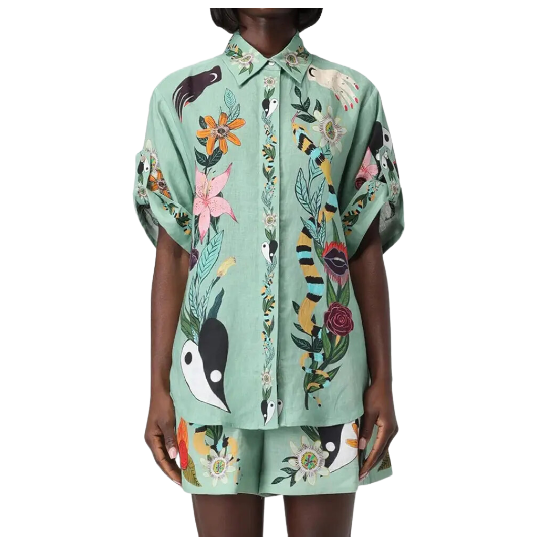Vintage Print Shirt Shorts Casual Two-Piece Set