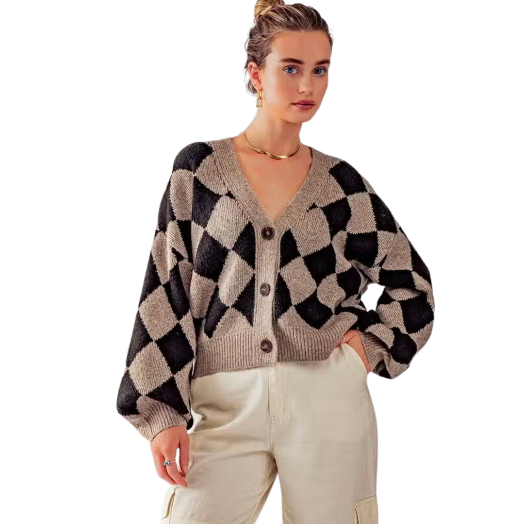Diamond Print Drop Shoulder Knit Cardigan - Black