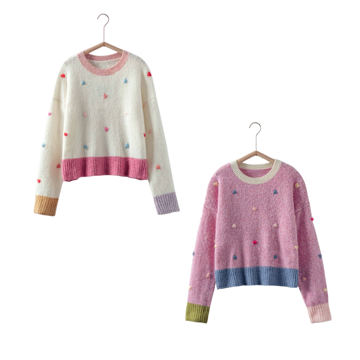 Embroidered Heart Colorblock Knit Sweater