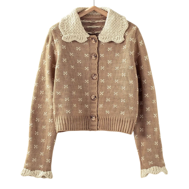 Khaki Patterned Knit Ruffle Collar Cardigan