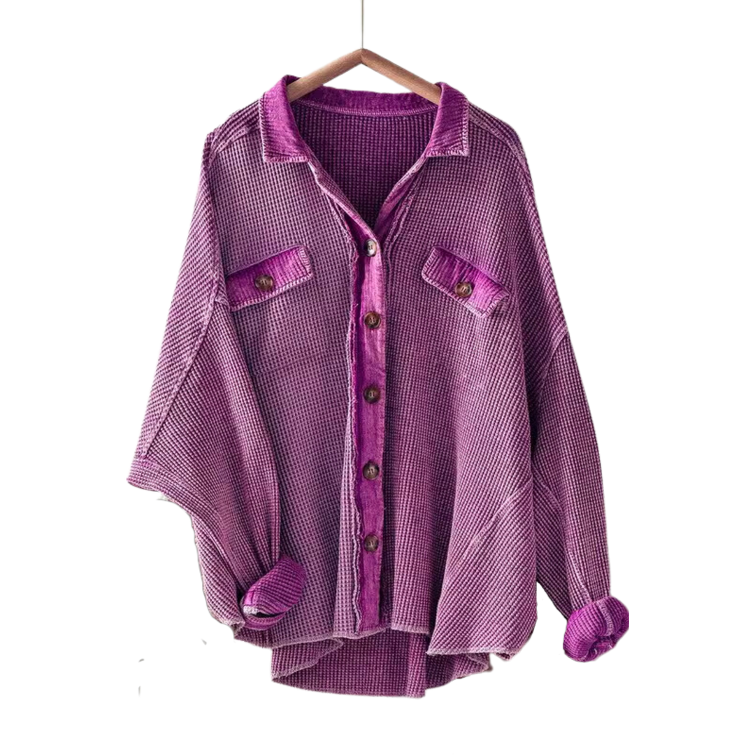 Washed Waffle Knit Oversized Shacket - Berry