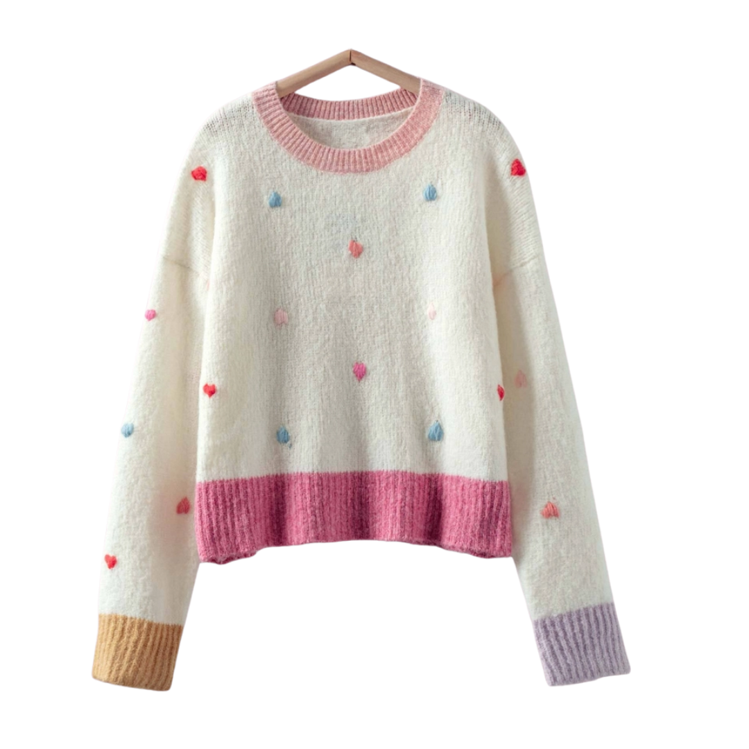 Embroidered Heart Colorblock Knit Sweater