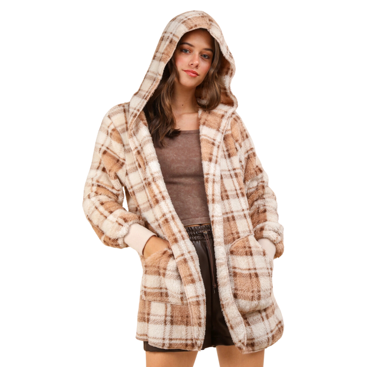 Oversized Faux Fur Hooded Print Jacket