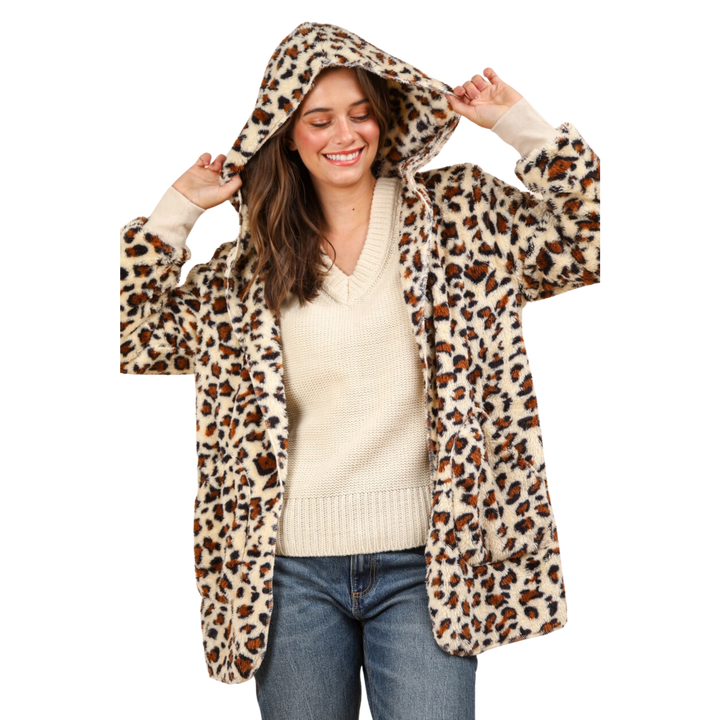 Oversized Faux Fur Hooded Print Jacket