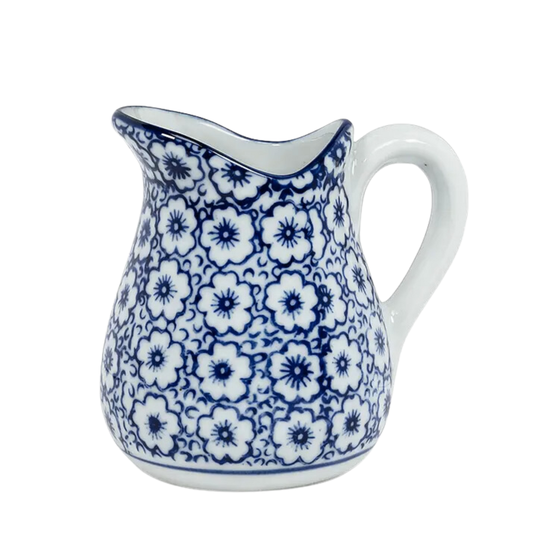 Blue and White Handled Pitcher
