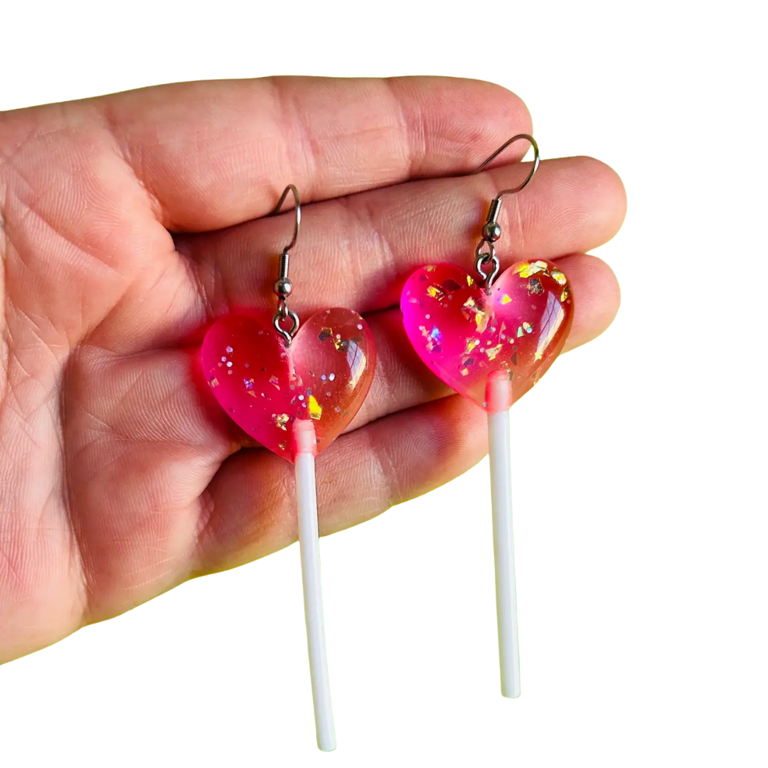 Hot Pink Sparkly Heart Lollipop Earrings