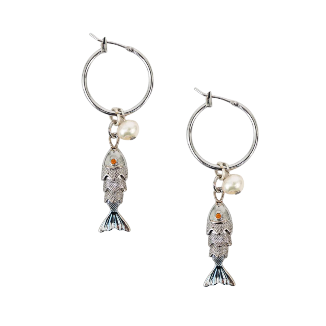 Fish and Pearl Hoop Earrings