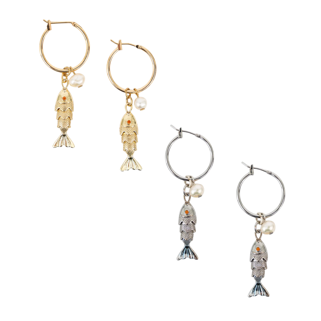 Fish and Pearl Hoop Earrings