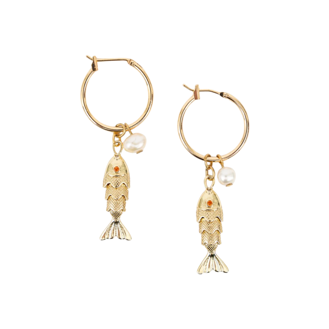Fish and Pearl Hoop Earrings
