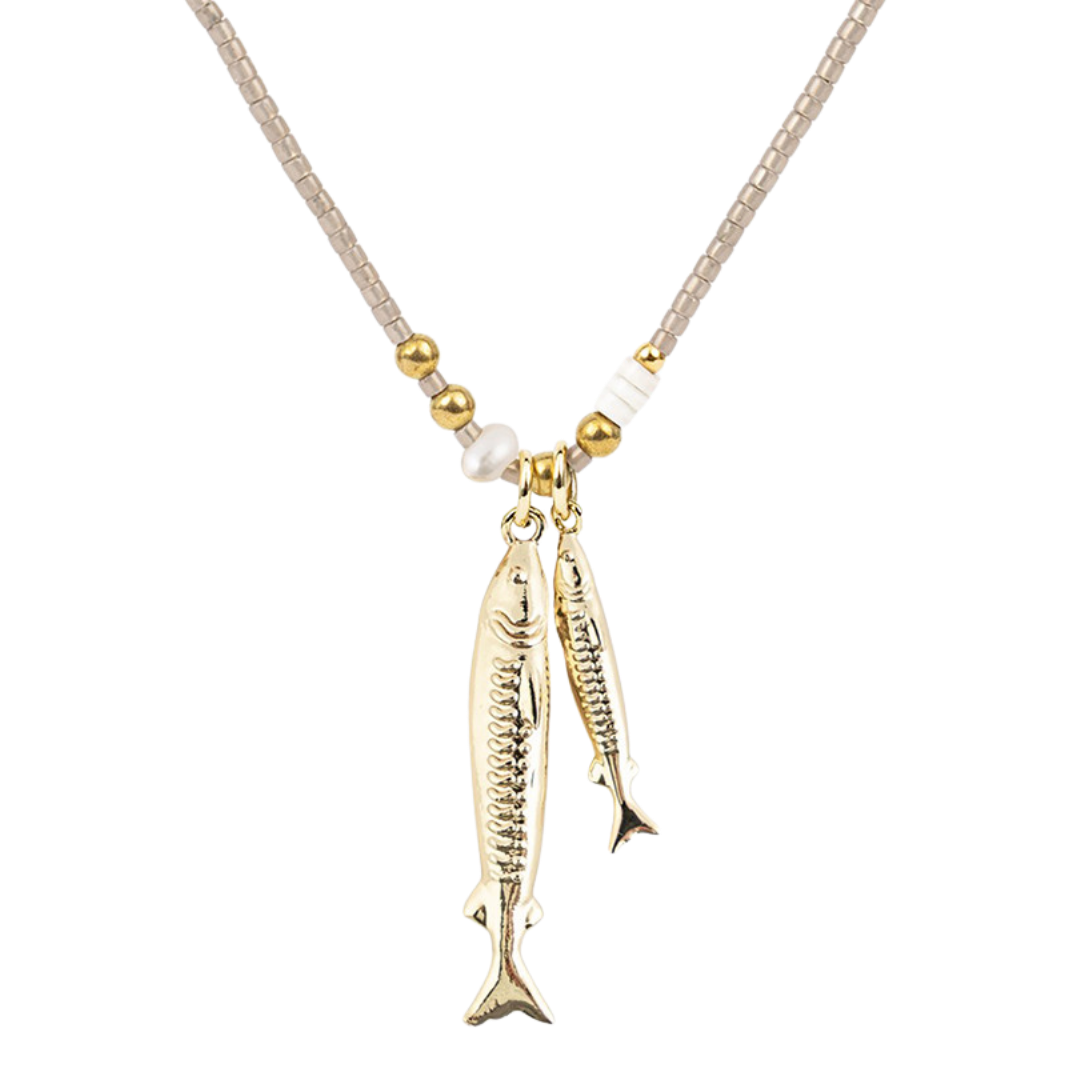 Iridescent Golden Sardine and Pearl Necklace