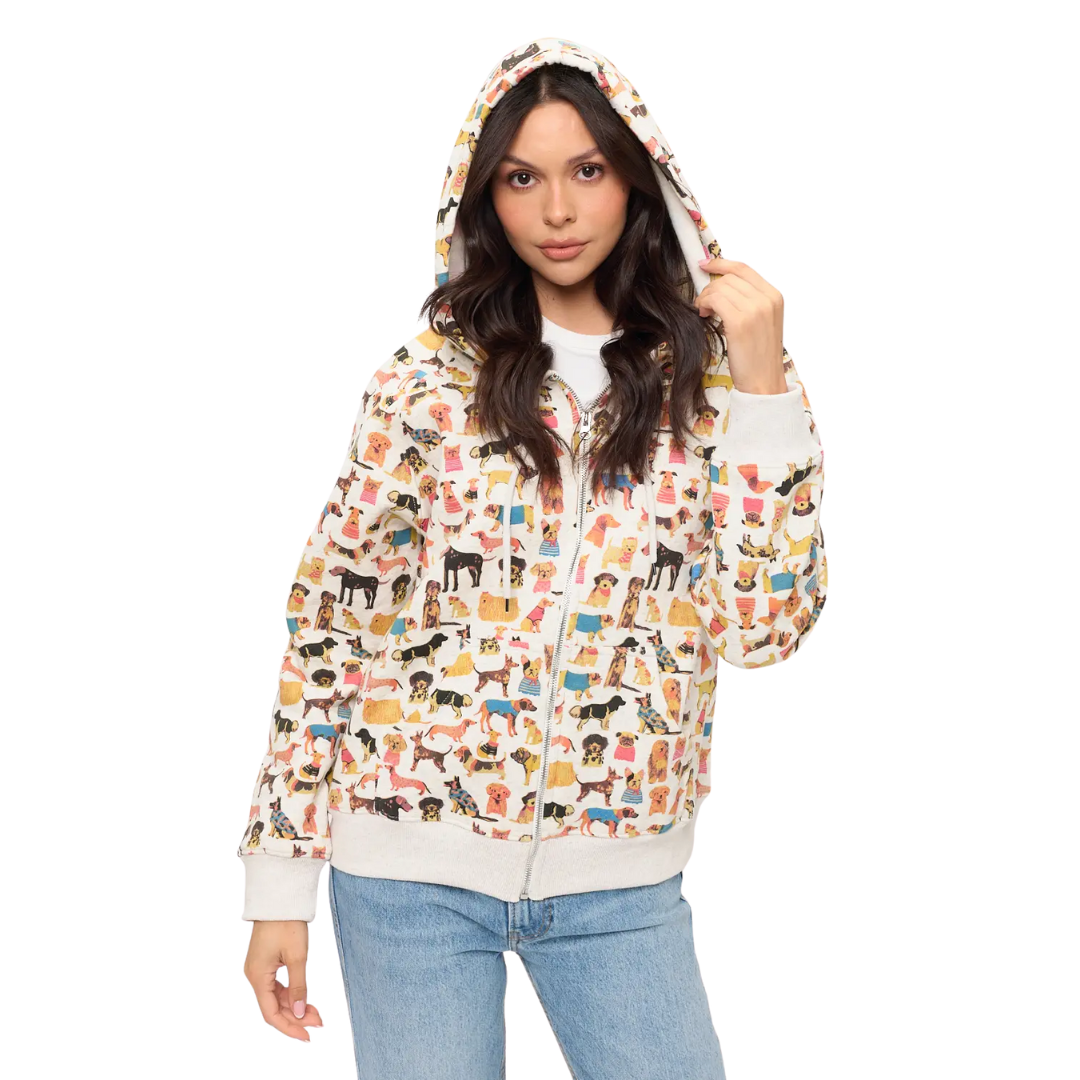 Colorful Dog Breeds Print Zip Up Hoodie
