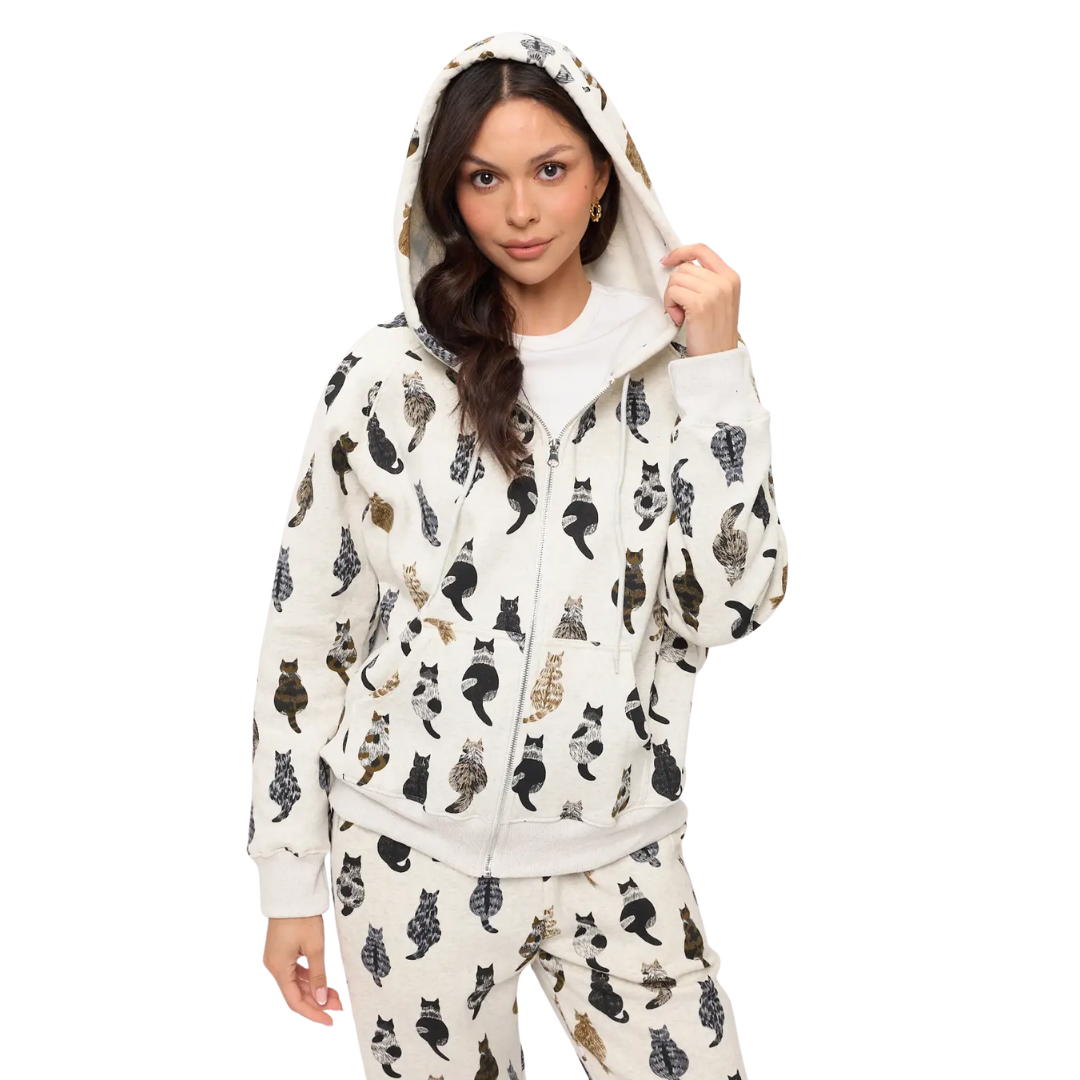 Whimsical Cat Tails Print Zip Up Hoodie