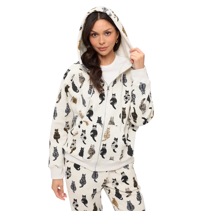 Whimsical Cat Tails Print Zip Up Hoodie