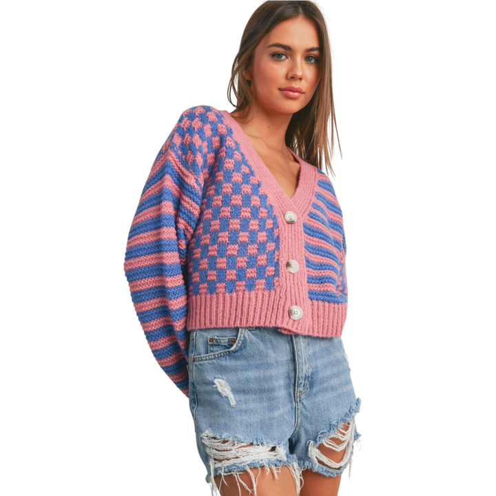 Oversized Button Down Checkered Stripe Cardigan