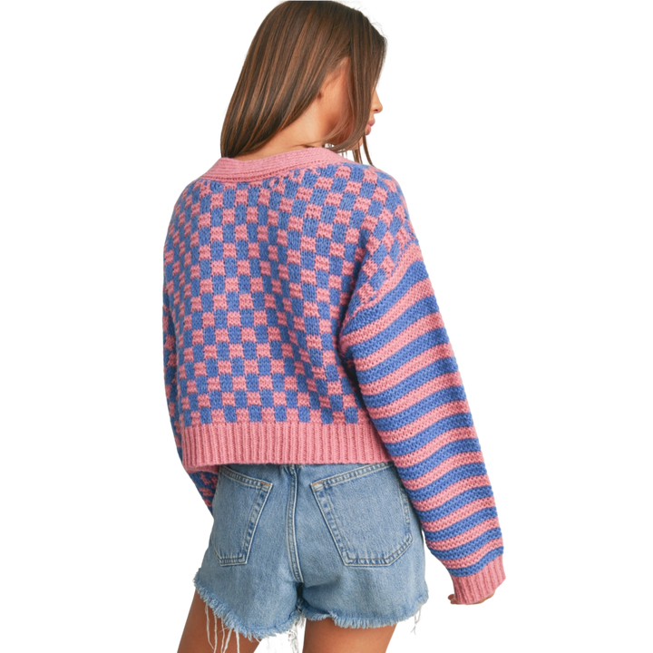 Oversized Button Down Checkered Stripe Cardigan