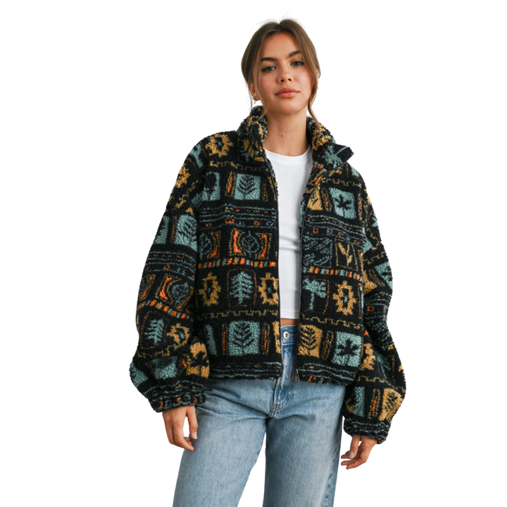 Zip-Up Polar Fleece Mock Neck Long Sleeve Jacket