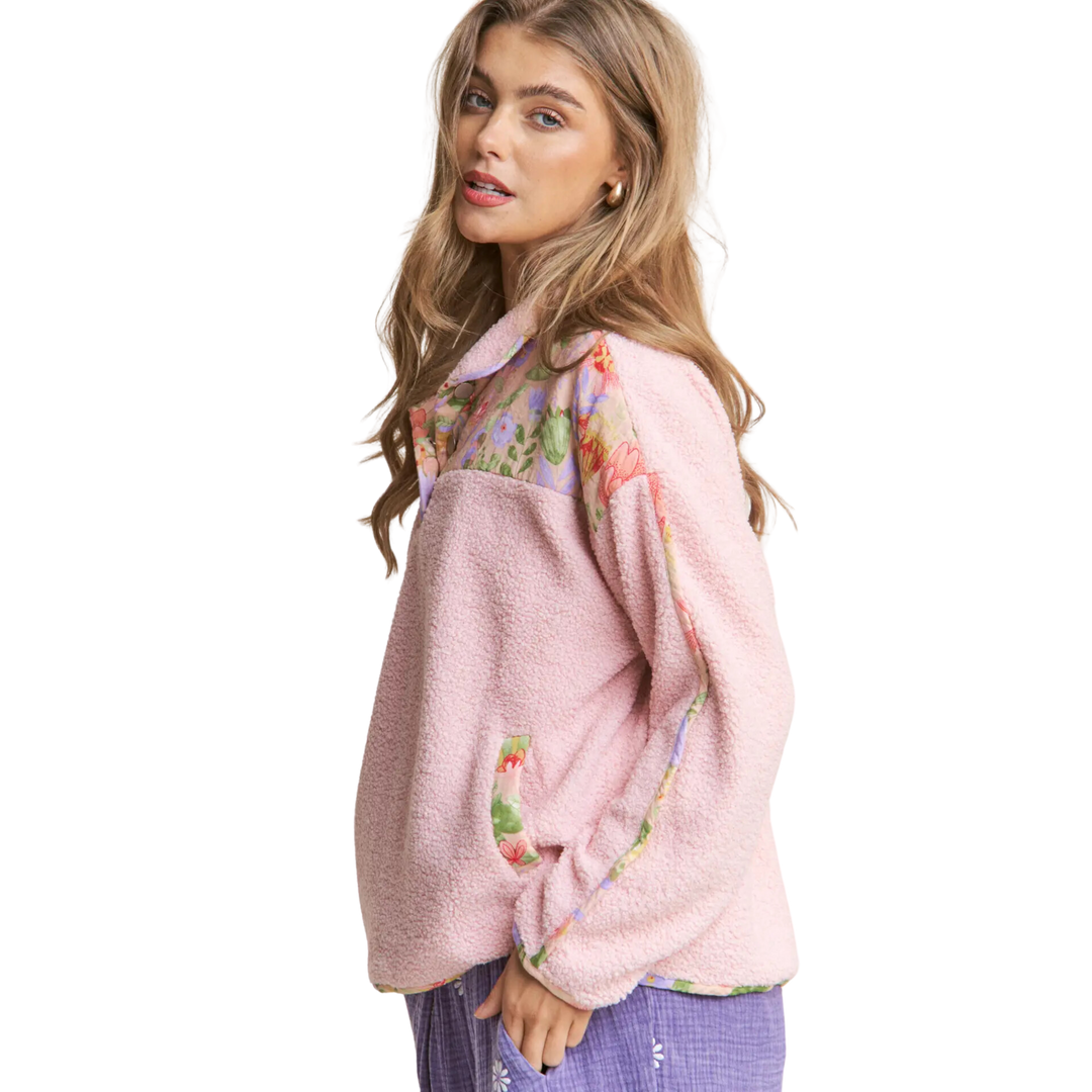 Henley Floral Color Block Sweater Top Pink Dream