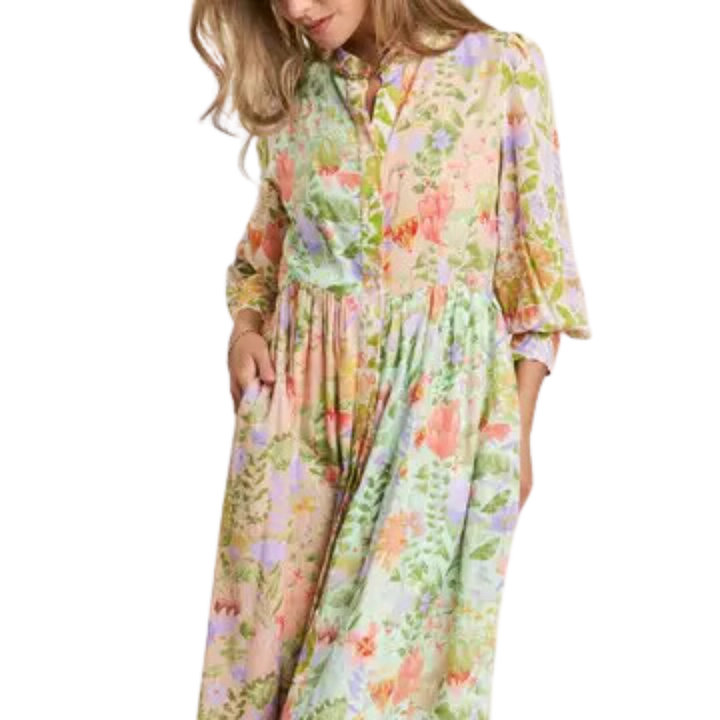 Floral Print Madarin Neck Line Midi Dress: Garden Dream