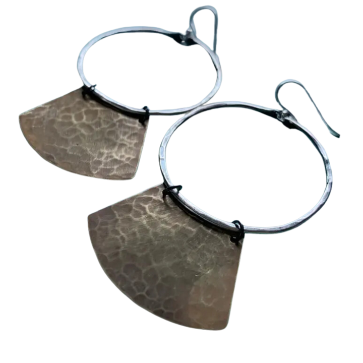 "Keyhole" Mezzaluna Earrings - Silver Hoop w/ Hammered Brass Blade