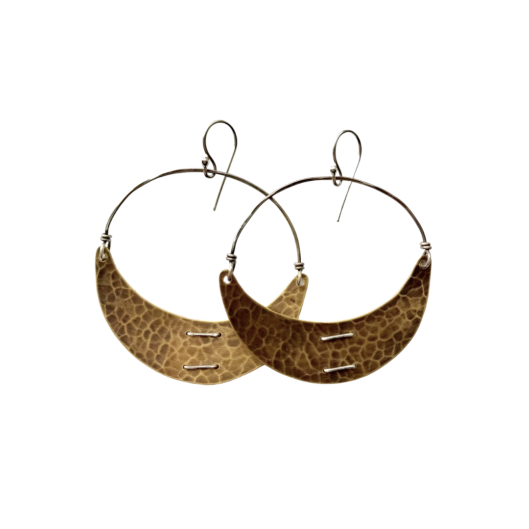 Stitched Brass Crescent Earrings - Large