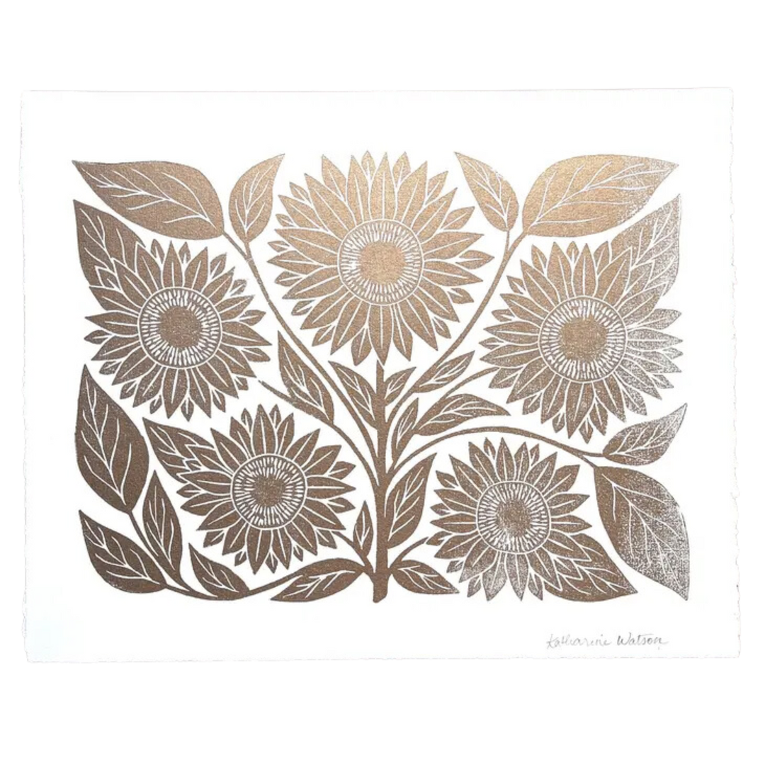 Hand Block Printed Gold Sunflower Art Print - No. 2888