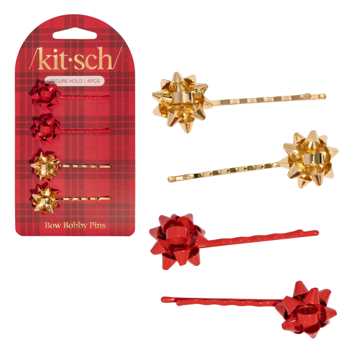 Metal Gift Bow Bobby Pin 4pc Set - Red & Gold