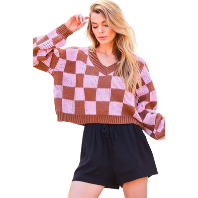 Checkerboard V-Neck Crop Sweater -Brown/Pink