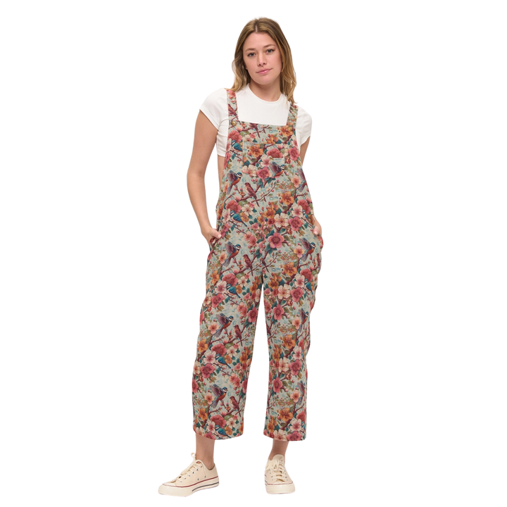 Vintage Floral Aviary Tapestry Overalls