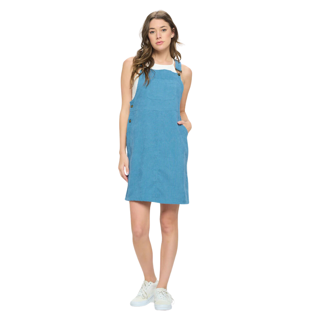 Square Neck Corduroy Dress with Pockets- Blue