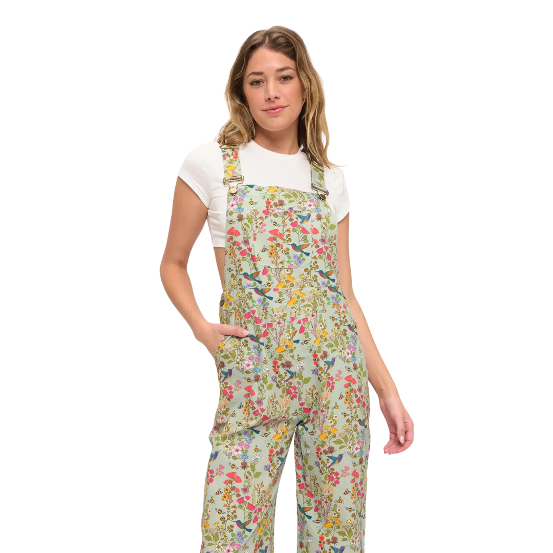 Green Floral Hummingbird Overalls