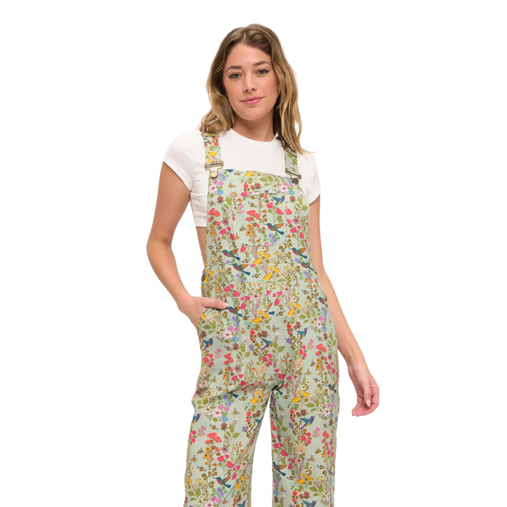 Green Floral Hummingbird Overalls
