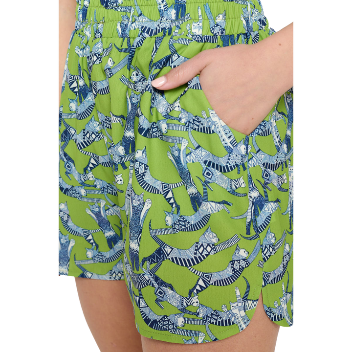 Flying Cat Print Shorts with Pockets