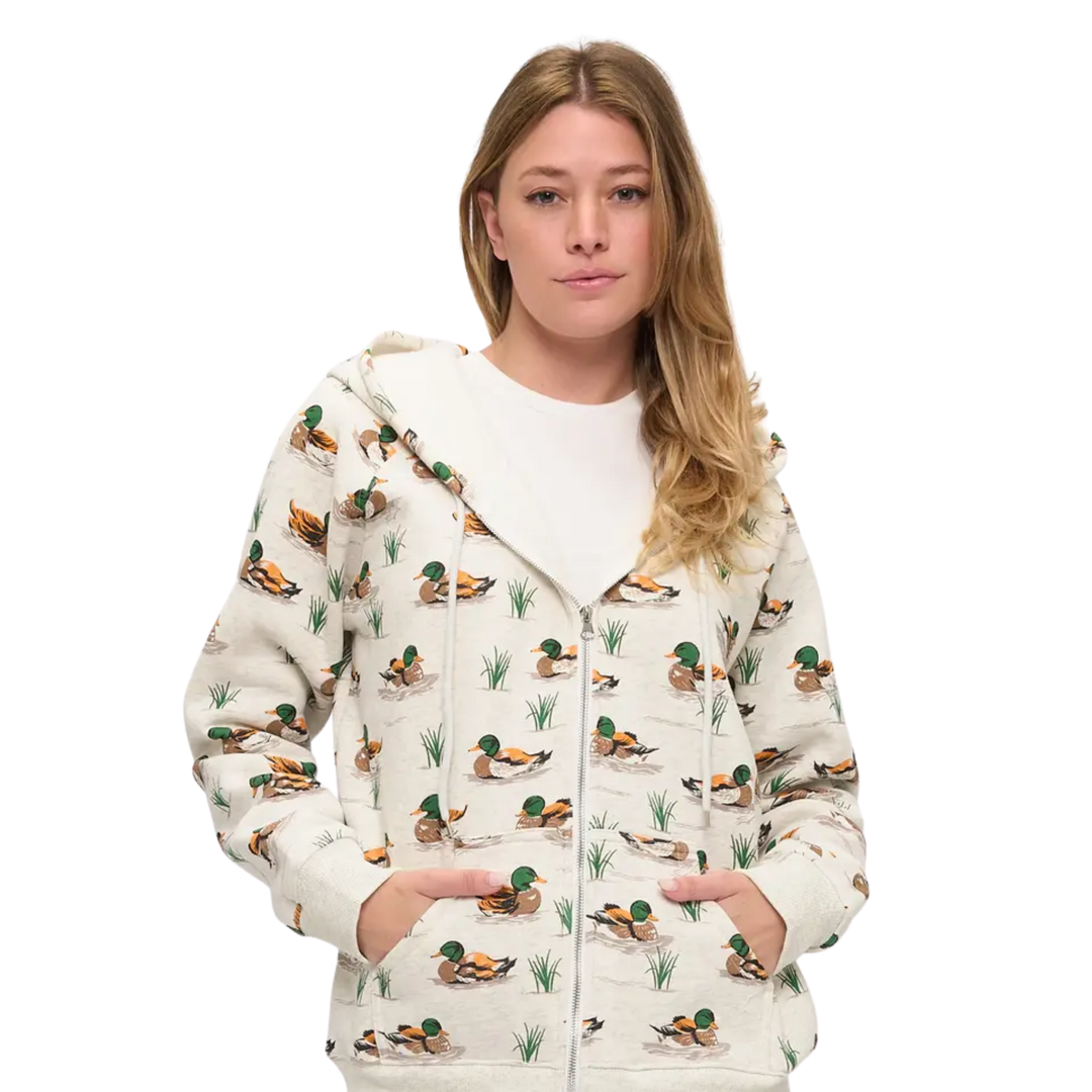 All Over Ducks Print Zip Up Hoodie