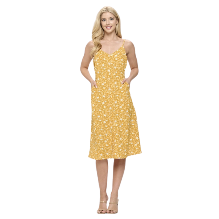 White Ditsy Floral Print Spaghetti Strap Dress Yellow