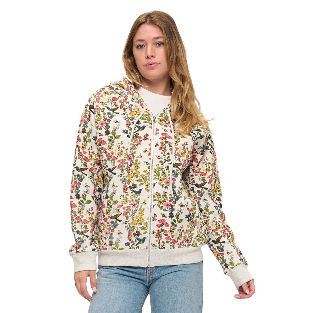 Floral Hummingbird Zip Up Hoodie