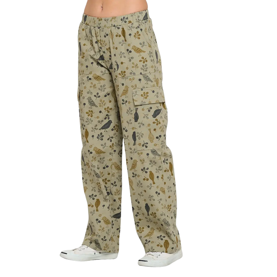 Bird Floral Print Cargo Pants
