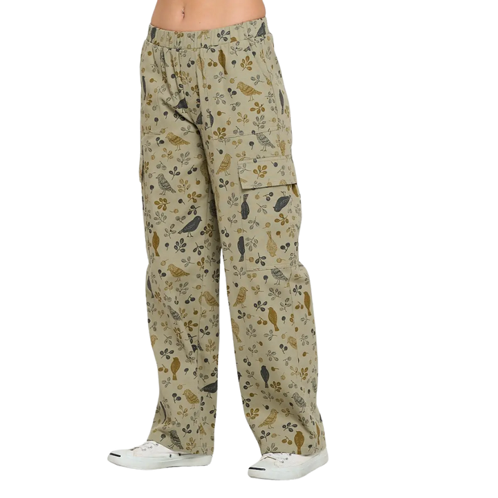 Bird Floral Print Cargo Pants
