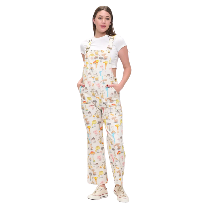 Whimsical Mushroom Print Overalls
