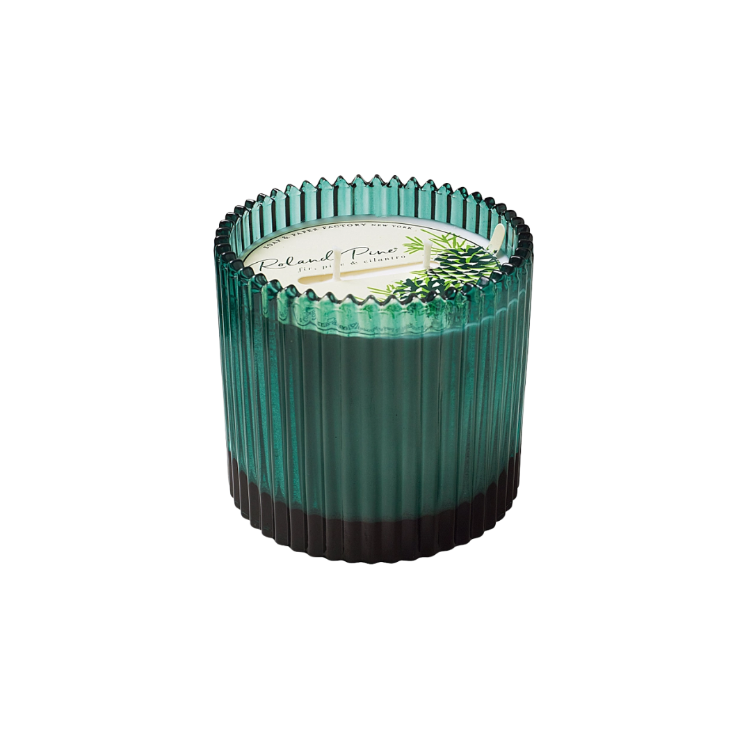 Roland Pine 14 oz Forest Green Two-Wick Ribbed Glass Candle
