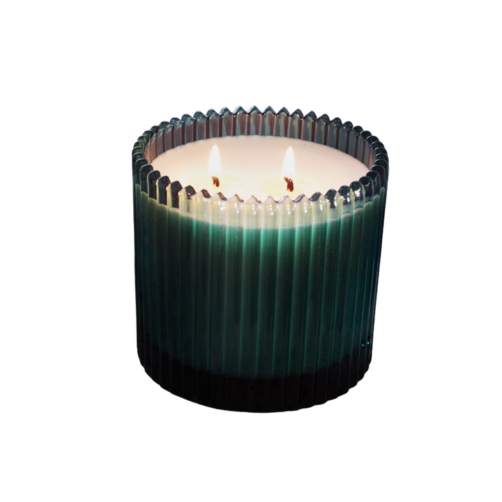 Roland Pine 14 oz Forest Green Two-Wick Ribbed Glass Candle
