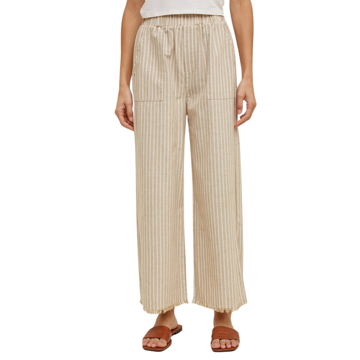 Striped Linen Pants with Raw Edge Detail