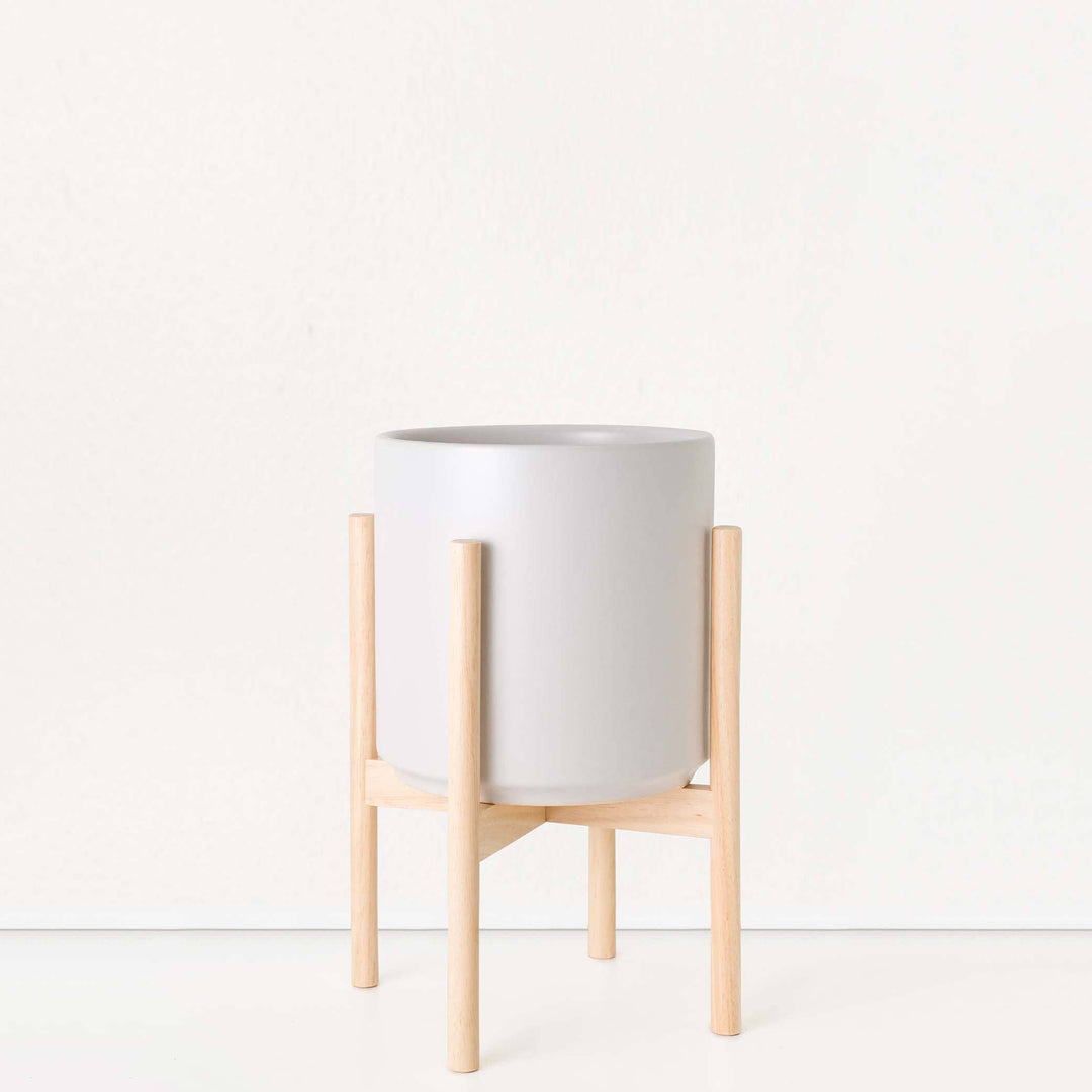 White Ceramic Planter with Wood Plant Stand Natural Wood Stain