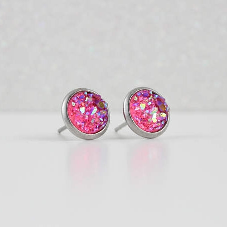 Magenta Pink Druzy Crystal Earrings