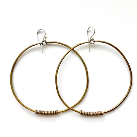 Brass Hoop Earrings with Silver Heishi Beads - XL