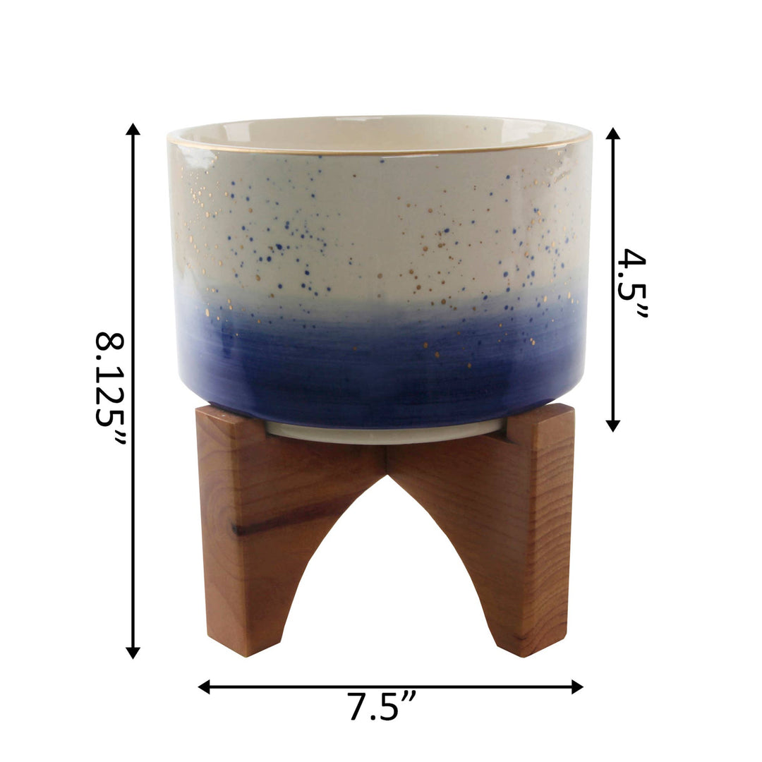 7" Blue Ombre With Gold Specks Ceramic Pot