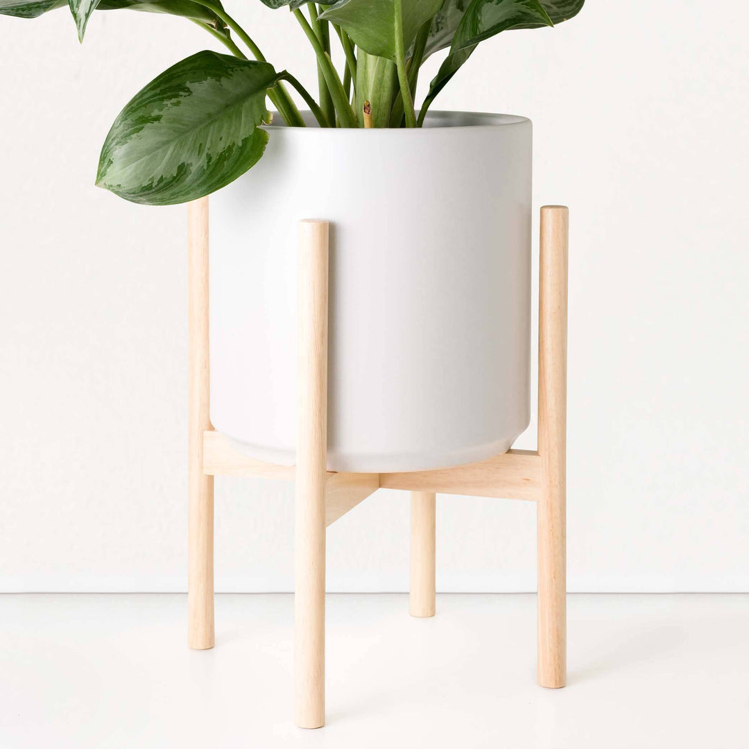 White Ceramic Planter with Wood Plant Stand Natural Wood Stain