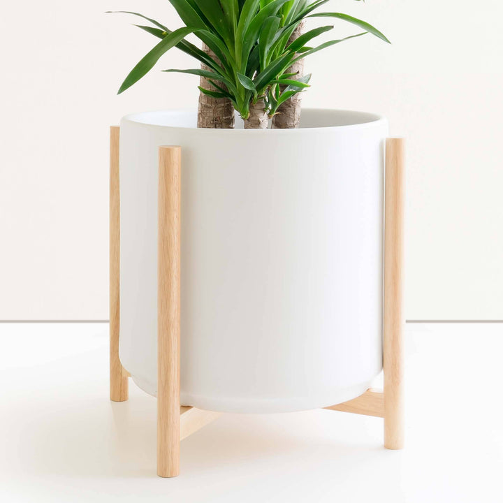 White Ceramic Planter with Wood Plant Stand Natural Wood Stain