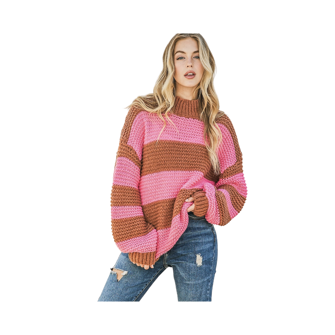 Color Stripe Basic Pullover Sweater Top - Brown Pink
