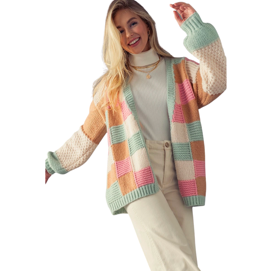 Multi Color Patch Block Open Front Cardigan