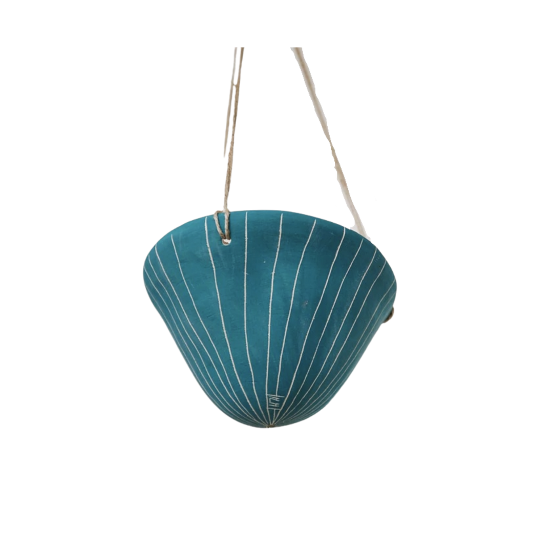 Vertical Lines Hanging Planter - Teal & White